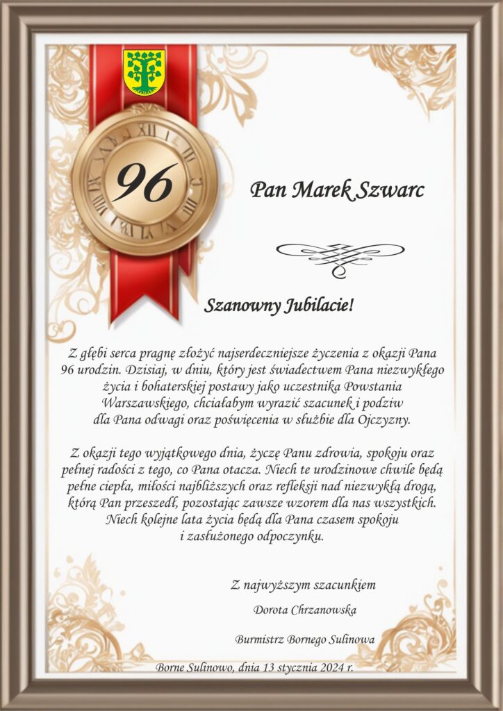Dyplom - 96 urodziny Pana Marka Szwarca